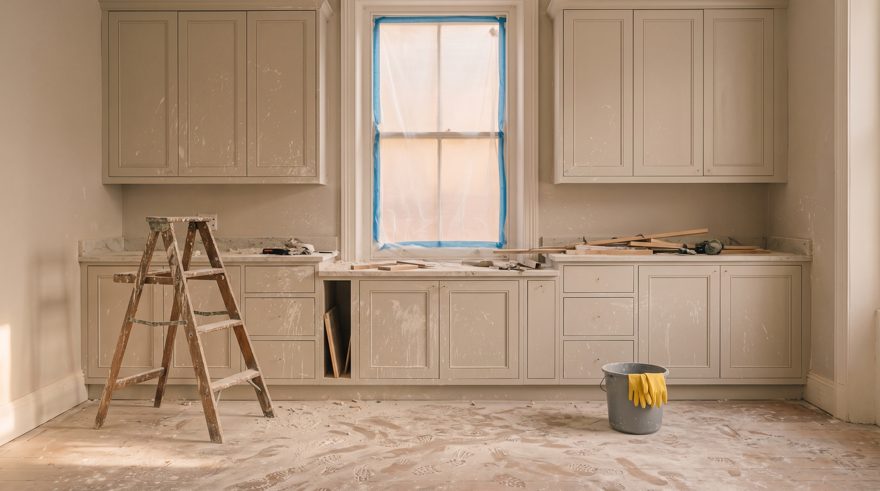 Keyframe 0, arrival: a kitchen after the builders, plaster dust and taped window