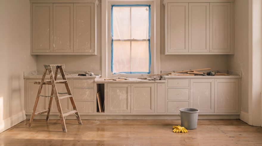Keyframe 1, the floor: the same kitchen with the floor swept and mopped