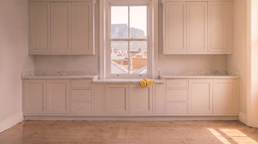 Keyframe 5, done: the finished kitchen in late light